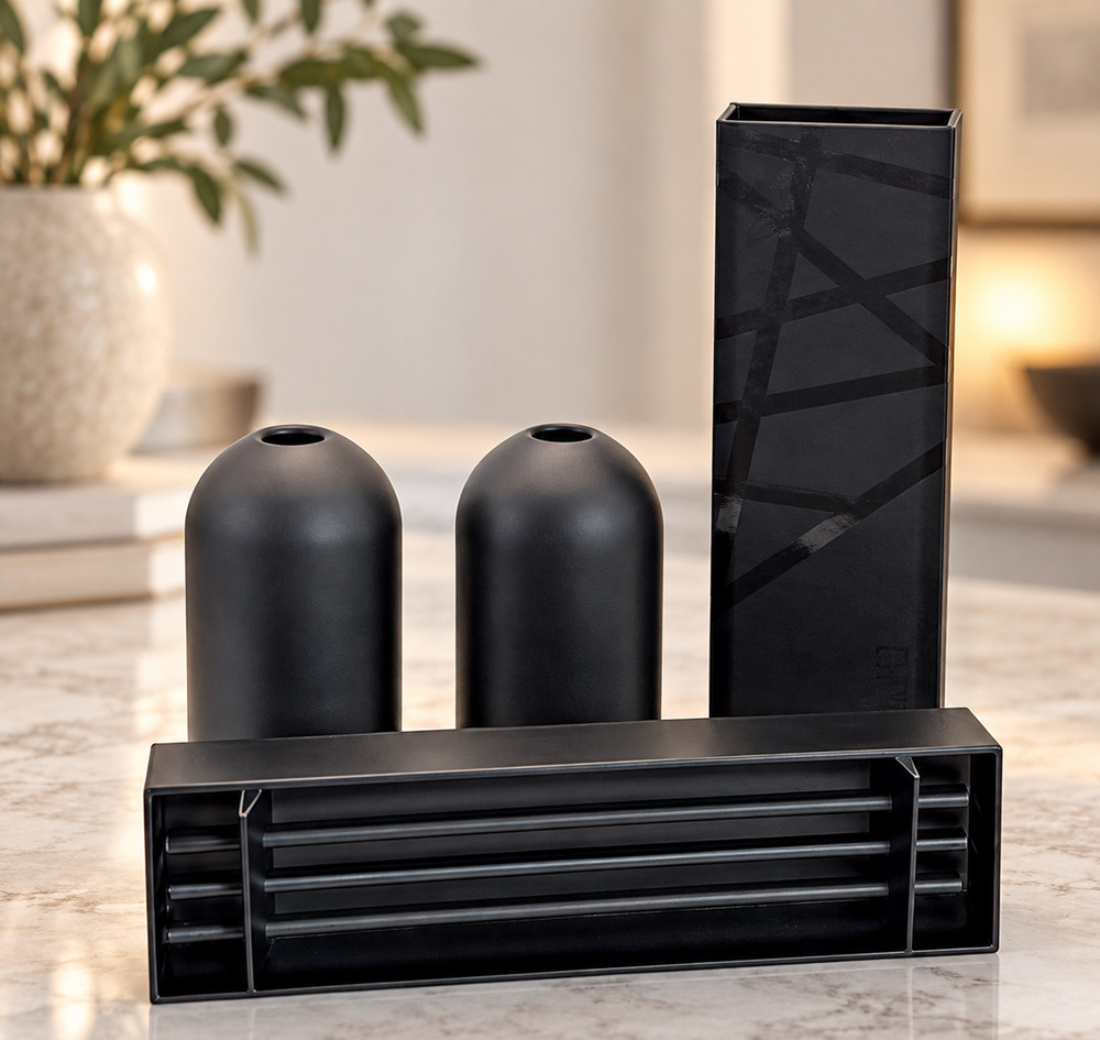 Everlasting Candle Co Wylie Black Vases Pair + 3 Black Steel Candlesticks Unused